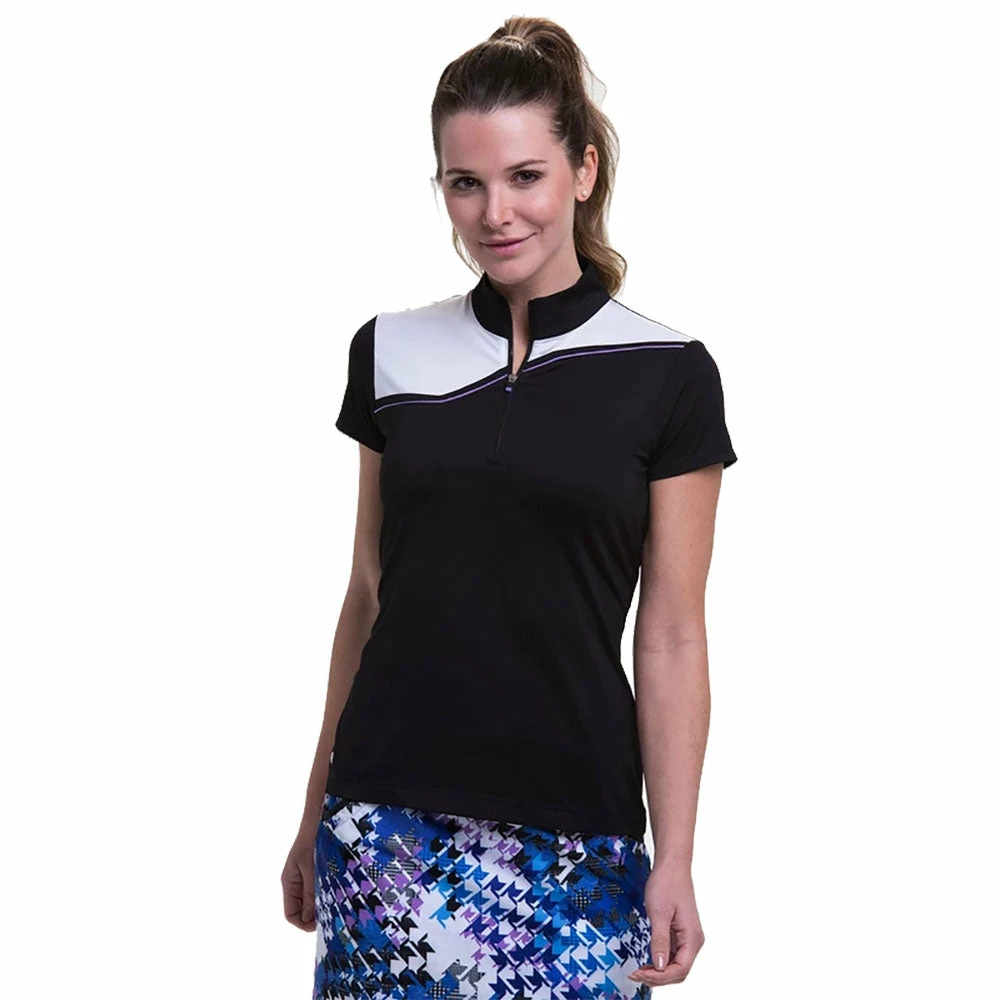 EP NY EP New York Mock Zip Black Multi Womens Short Sleeve Golf Polo